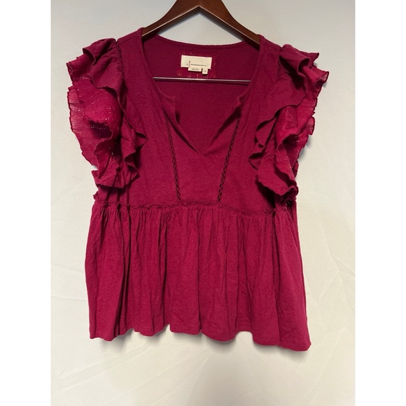 Anthropologie Red Ruffled Cap Sleeve Blouse linen blend - Picture 1 of 4